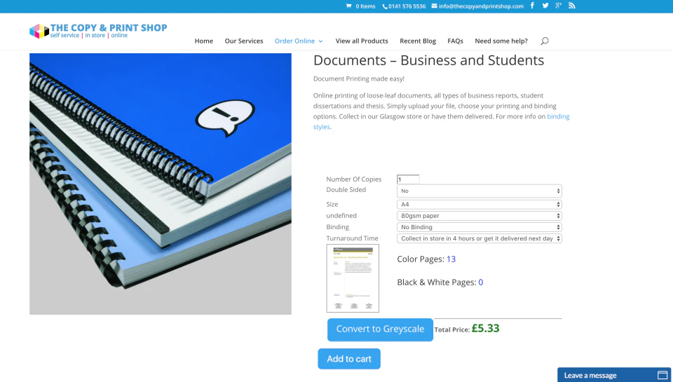 screenshot of Web to Print Shop